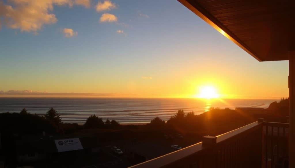 Sunset view from hotel balcony overlooking Depoe Bay and the OPRD Whale Watching Center