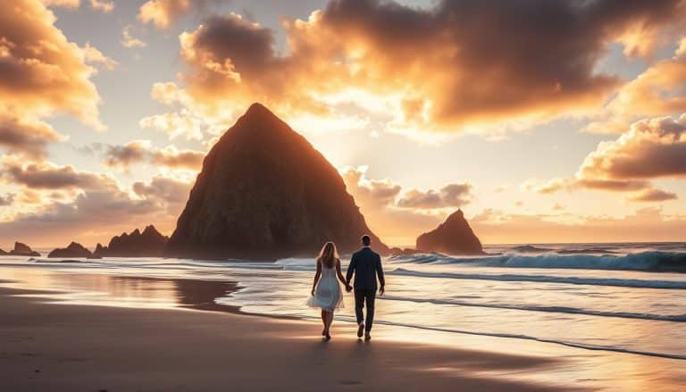 Sunset view of Haystack Rock at Cannon Beach, Oregon Coast - perfect Oregon Coast honeymoon destination