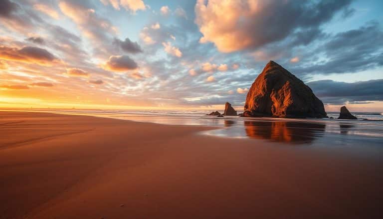 Sunset view of Haystack Rock at Cannon Beach during an Oregon Coast road trip