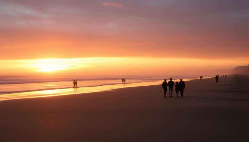 Sunset view of Seaside beach with families enjoying evening activities
