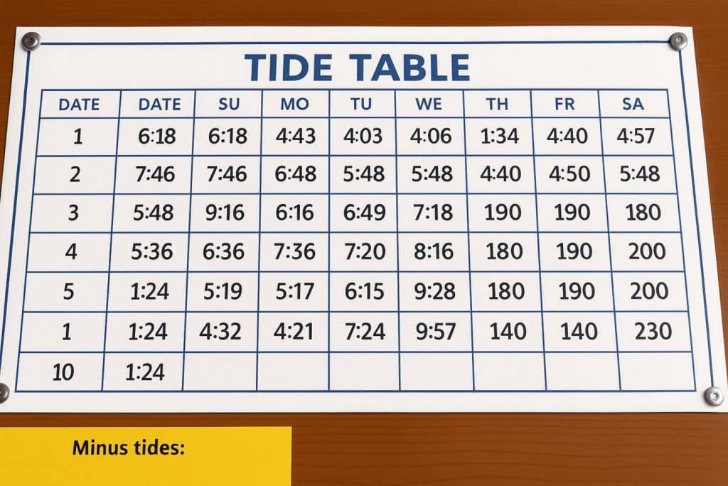 Tide chart showing minus tide for optimal Oregon tide pool exploration