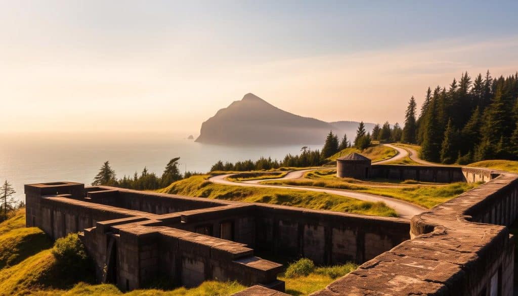 Tillamook Head and Fort Stevens military sites connection: A sweeping coastal vista, with the majestic Tillamook Head rising in the distance, its rocky cliffs and dense forests framing the scene. In the foreground, the rugged fortifications of Fort Stevens come into view, their weathered concrete and gun emplacements a testament to the region's strategic importance throughout history. The two sites are linked by winding trails and roads, creating a visual and historical tapestry that speaks to the layers of Oregon's past, from the era of Lewis and Clark to the World War II era. Warm, golden sunlight filters through the coastal haze, casting a serene and contemplative mood over the scene.