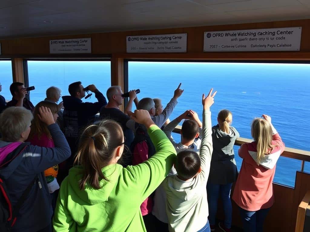 Visitors using binoculars at the OPRD Whale Watching Center observation deck overlooking Depoe Bay