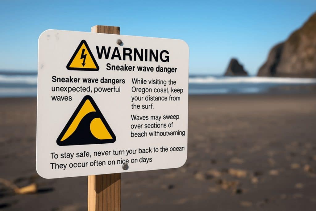 Warning sign about sneaker waves during Oregon tide pool exploration
