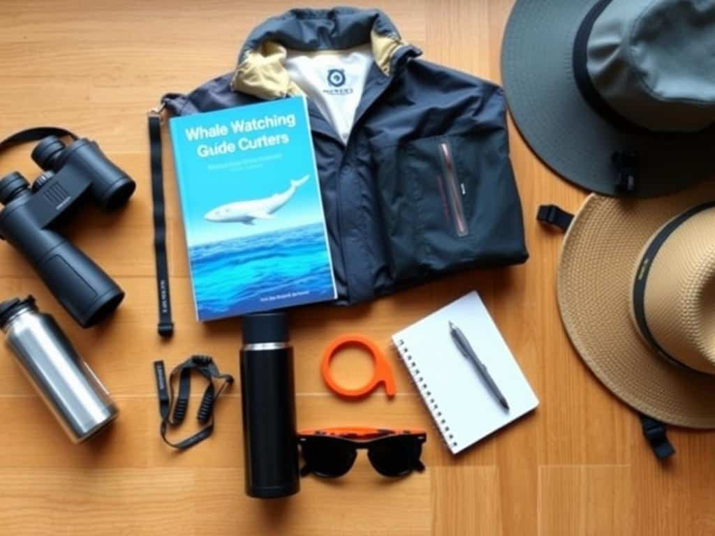 Whale watching gear including binoculars, guide book, and waterproof clothing laid out for a trip to OPRD Whale Watching Center
