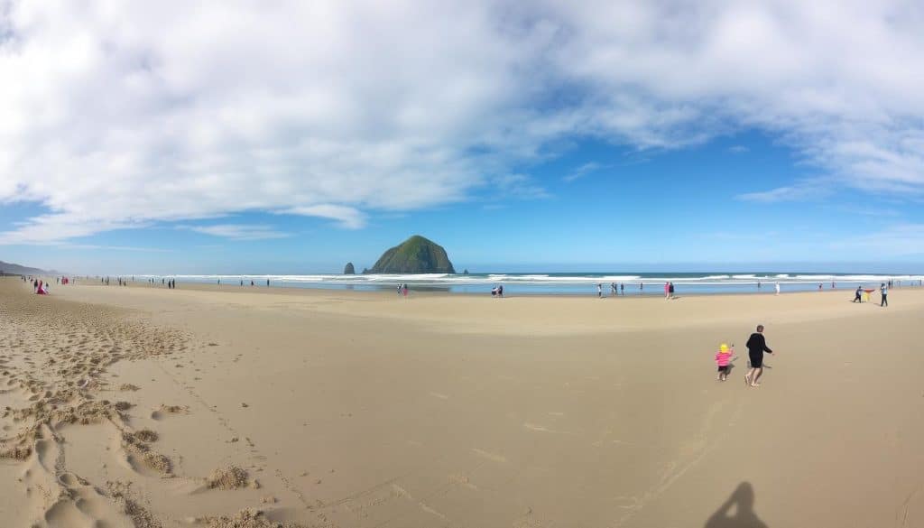 Wide view of Seaside Beach with Tillamook Head in the background