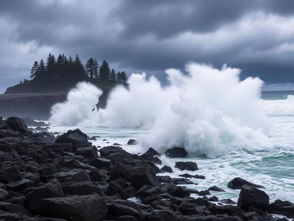 Winter storm waves crashing against Cape Perpetua during Oregon Coast road trip