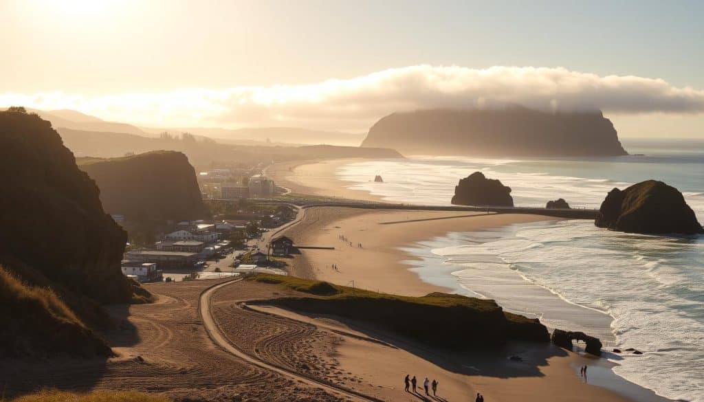 a serene summer day on the oregon coast, with a warm golden sun casting a soft glow over the rugged cliffs, windswept beaches, and crashing waves. in the foreground, a group of people strolling along the sandy shore, taking in the breathtaking scenery. the middle ground features a picturesque coastal town with charming shops and restaurants, while the background showcases the dramatic, fog-shrouded headlands that are iconic to the region. the overall atmosphere is one of tranquility and natural beauty, inviting visitors to immerse themselves in the magic of the oregon coast.