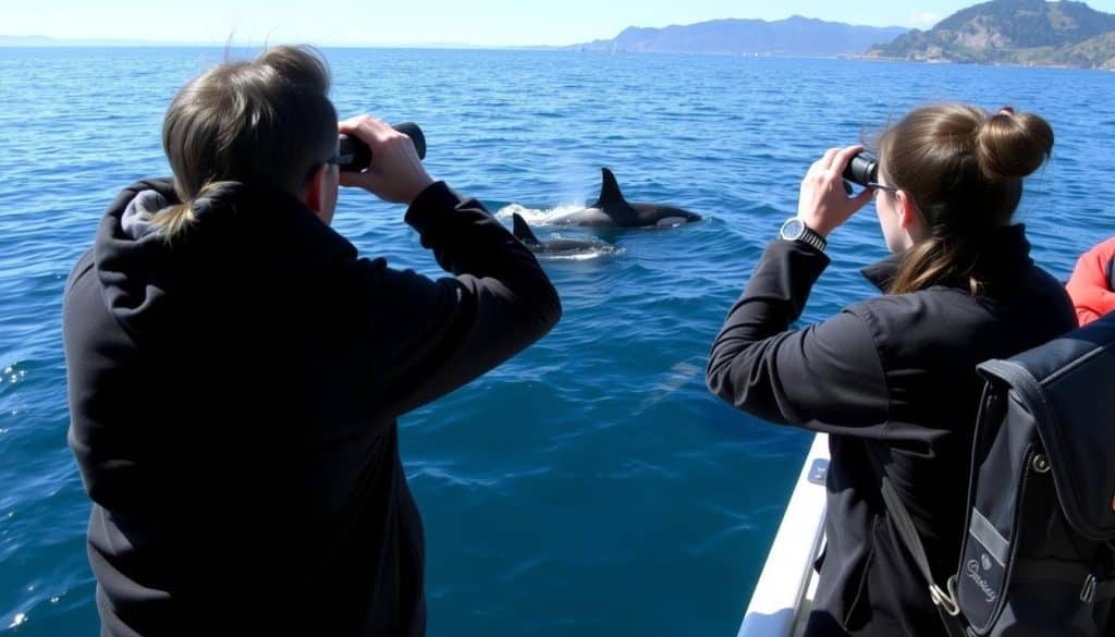 Ethical whale watching boat maintaining proper distance from Oregon Coast orcas