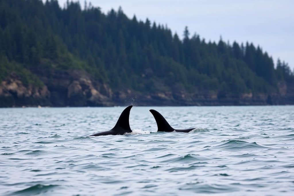 Orcas swimming near the Oregon Coast with distinctive dorsal fins visible
