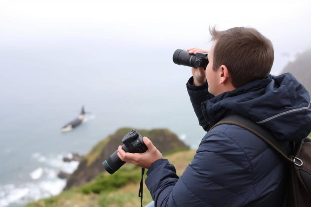 Visitor using binoculars to spot Oregon Coast orcas from shore