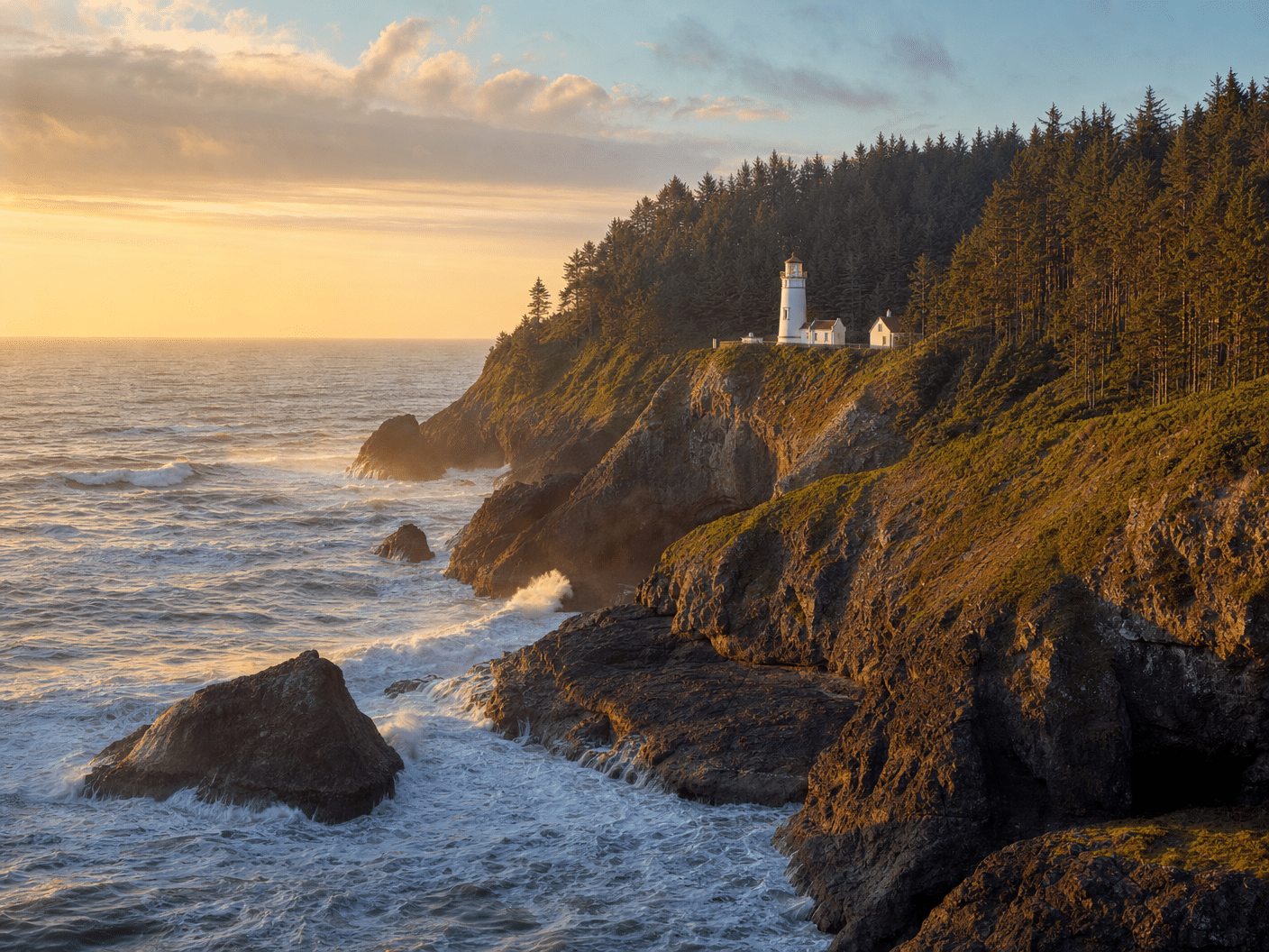 Coastal headland with lighthouse on dramatic cliffs