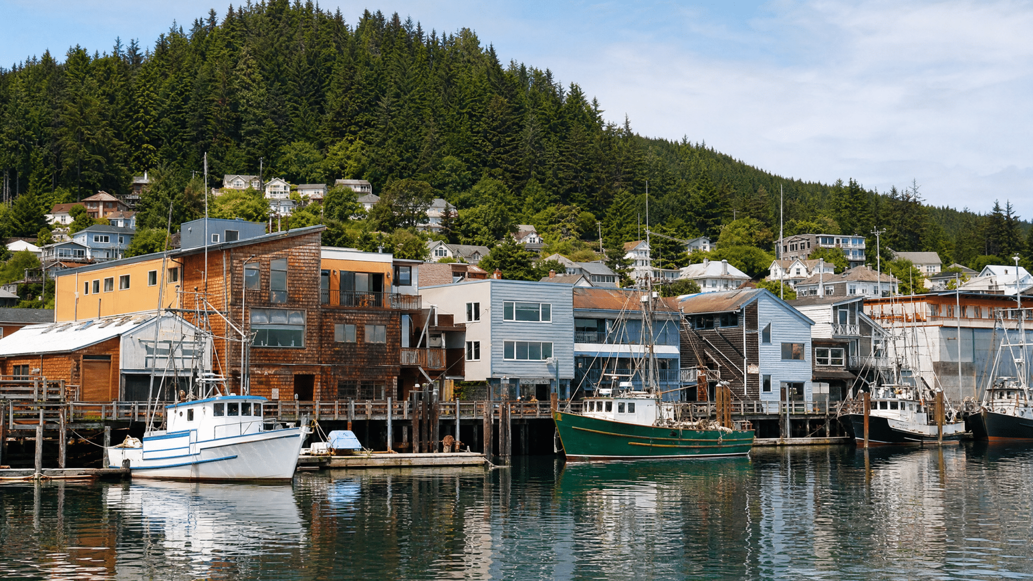 Historic waterfront town with fishing boats and wooden docks