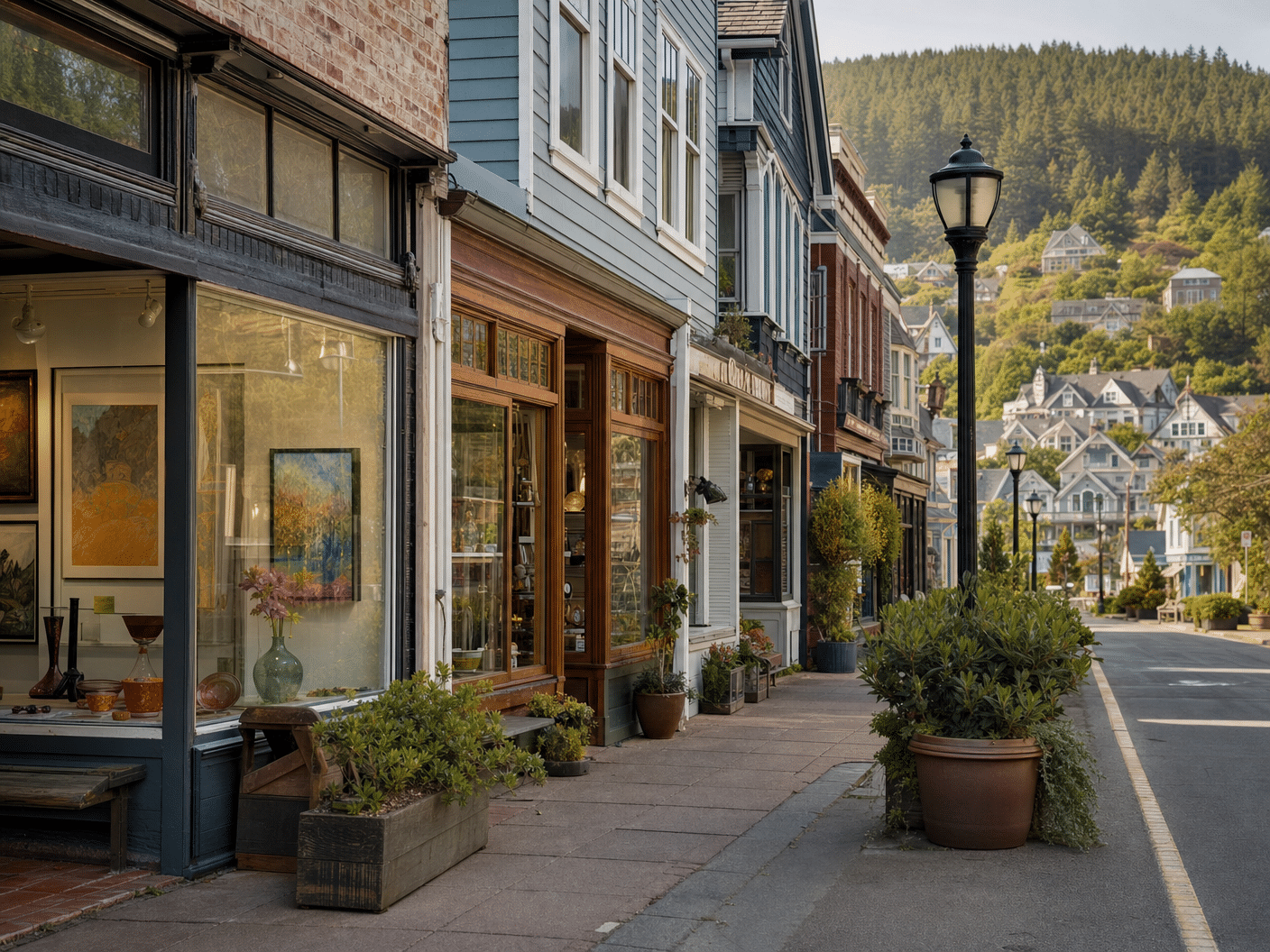 Quaint old town street with local shops and galleries