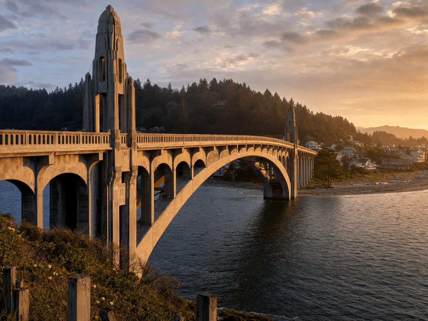 Distinctive art deco bridge spanning river in coastal town