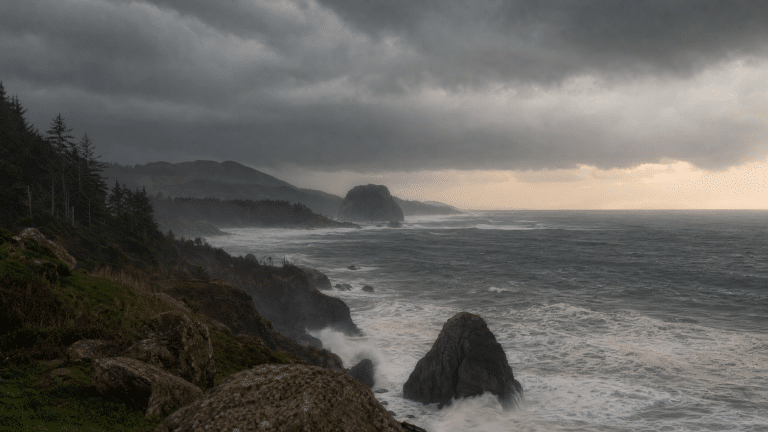 Dramatic storm clouds and rough ocean waves at Coos Bay on the Oregon Coast
