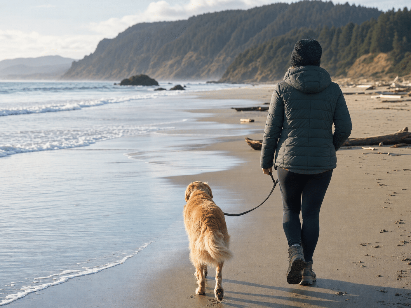 Dog and owner strolling along the shoreline at Cannon Beach