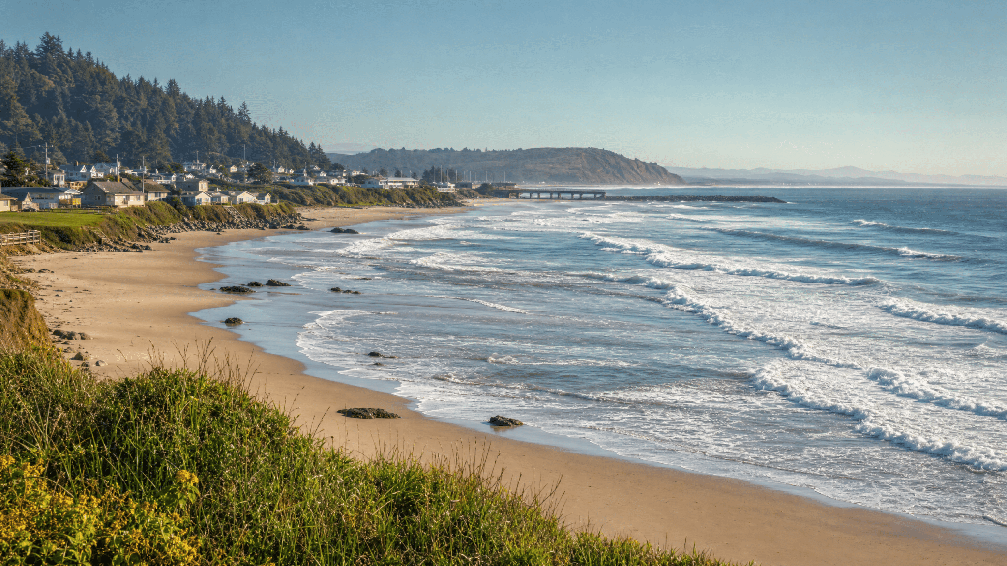Welcoming overview of Waldport Beach perfect for weekend visitors