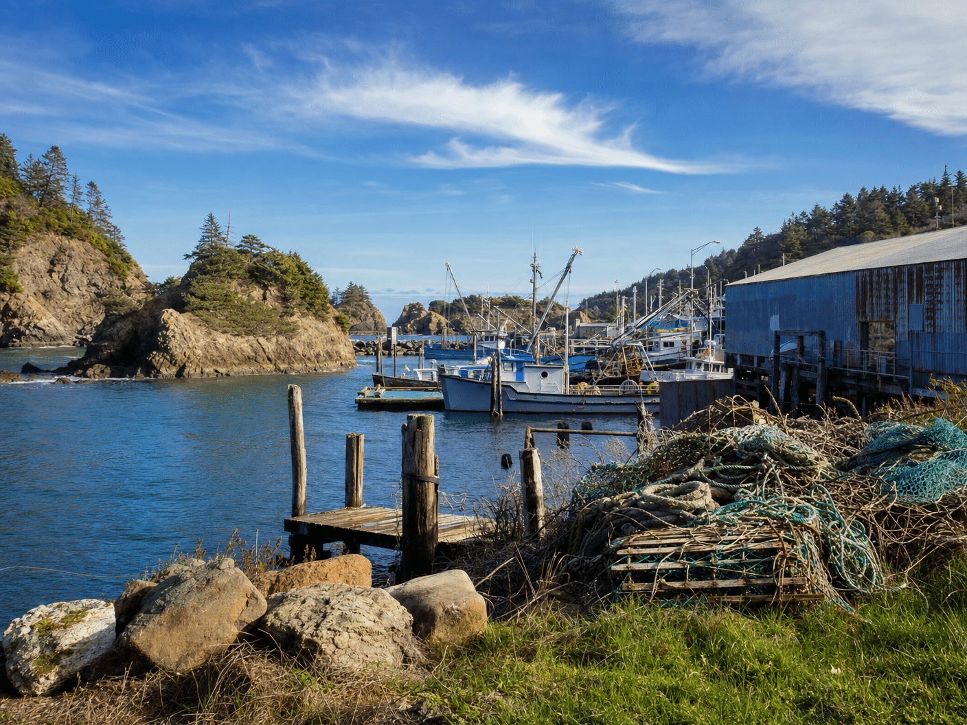 Scenic waterfront harbor area in Brookings with coastal character
