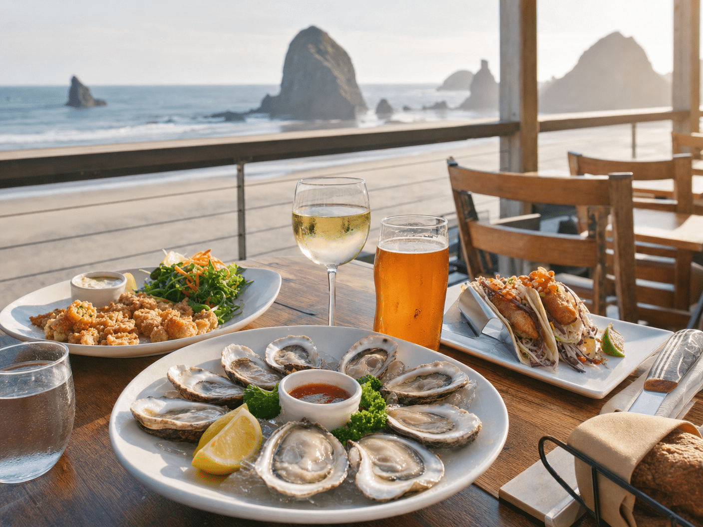 Beachfront restaurant patio with diners overlooking the Oregon Coast