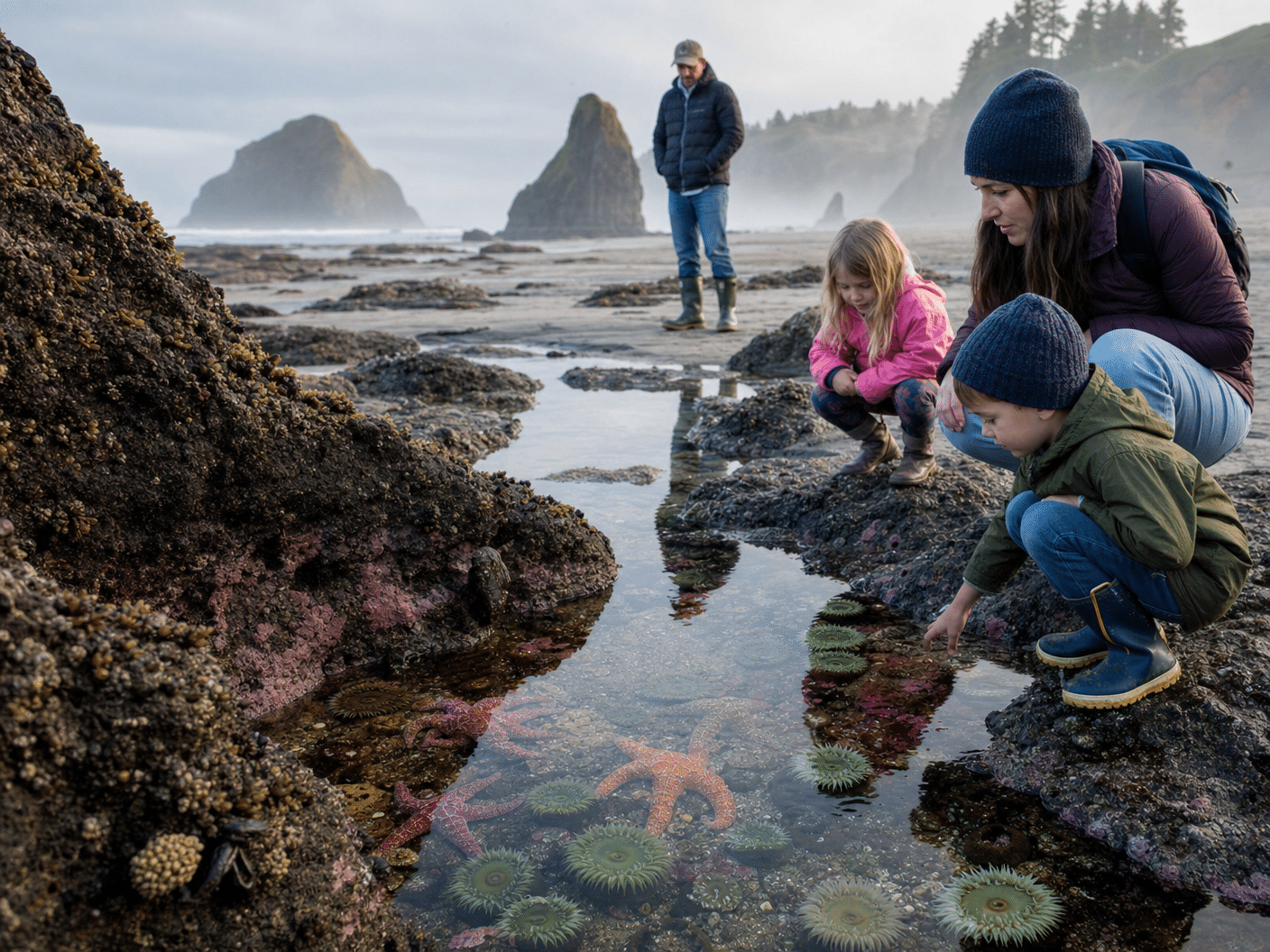 Tide pools with sea life and visitors exploring rocky shore at Rockaway Beach