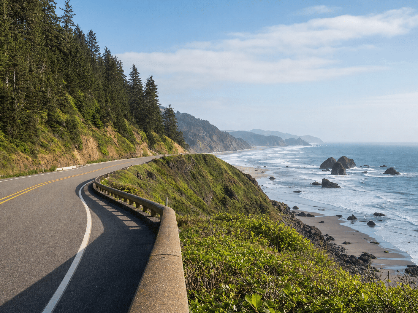 Scenic coastal highway with ocean and forest views