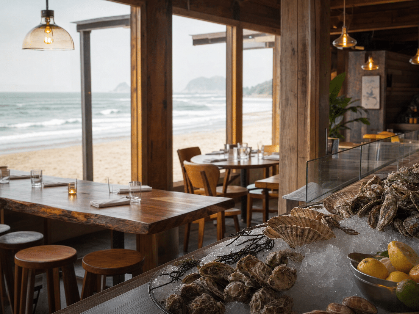 Casual coastal restaurant with Pacific Northwest dining atmosphere