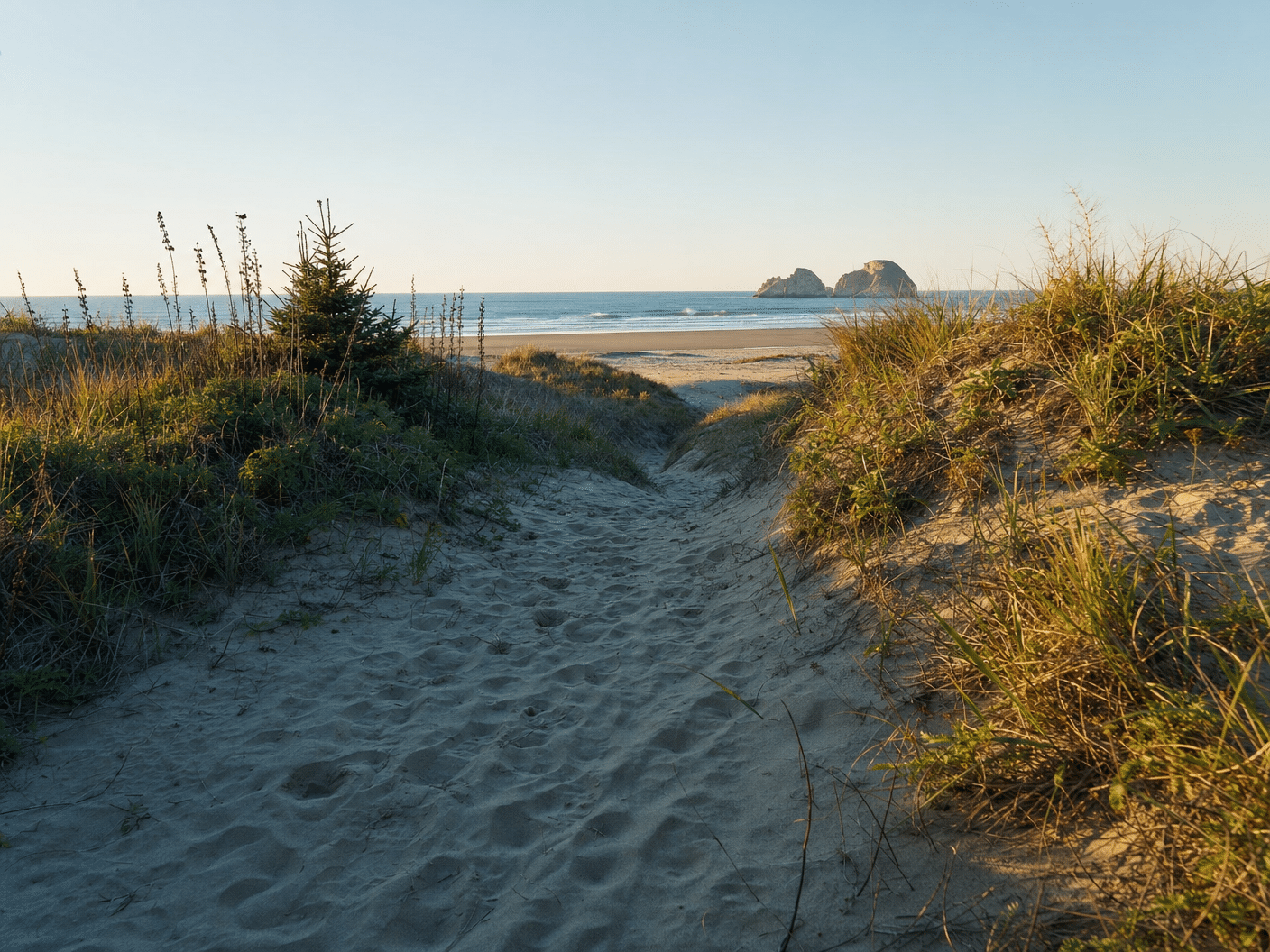 Hiking trail through sand dunes with ocean view