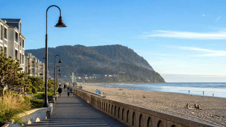 Seaside Oregon beach and promenade with calm waters and sandy shore