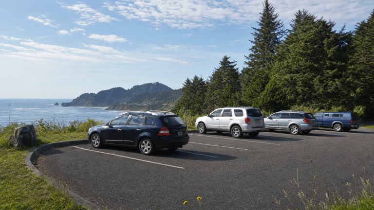 Oregon State Park parking lot with marked spaces and natural surroundings