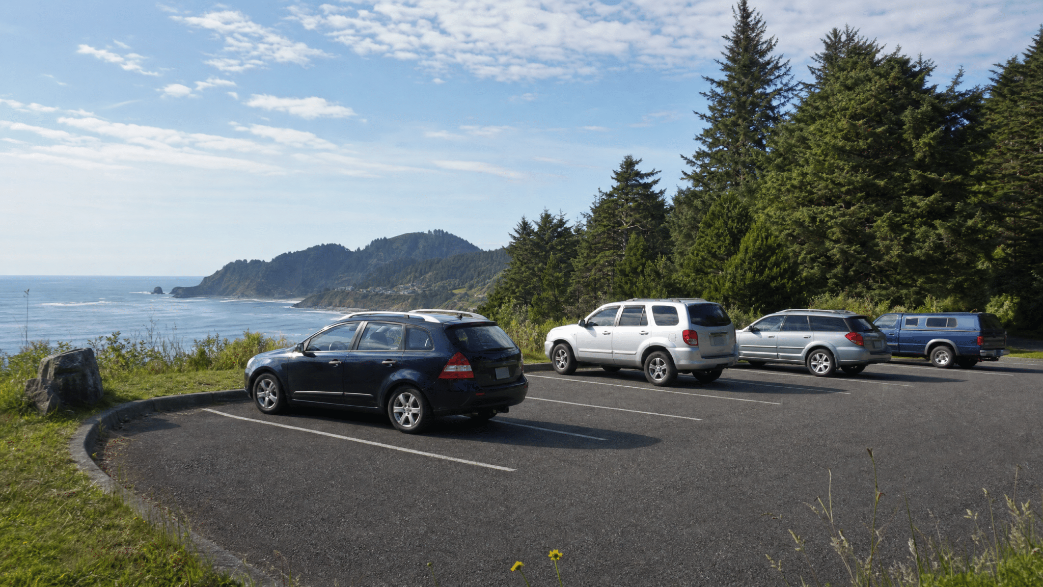 Oregon State Park parking lot with marked spaces and natural surroundings
