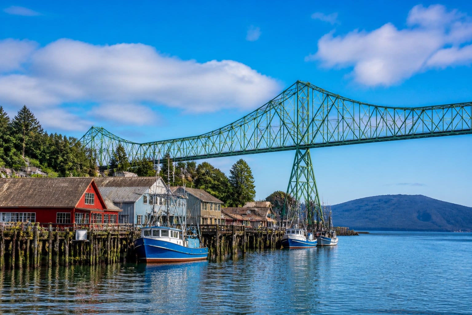 View of a coastal town with a large bridge over a river, waterfront buildings, fishing boats, and green hills in the background.