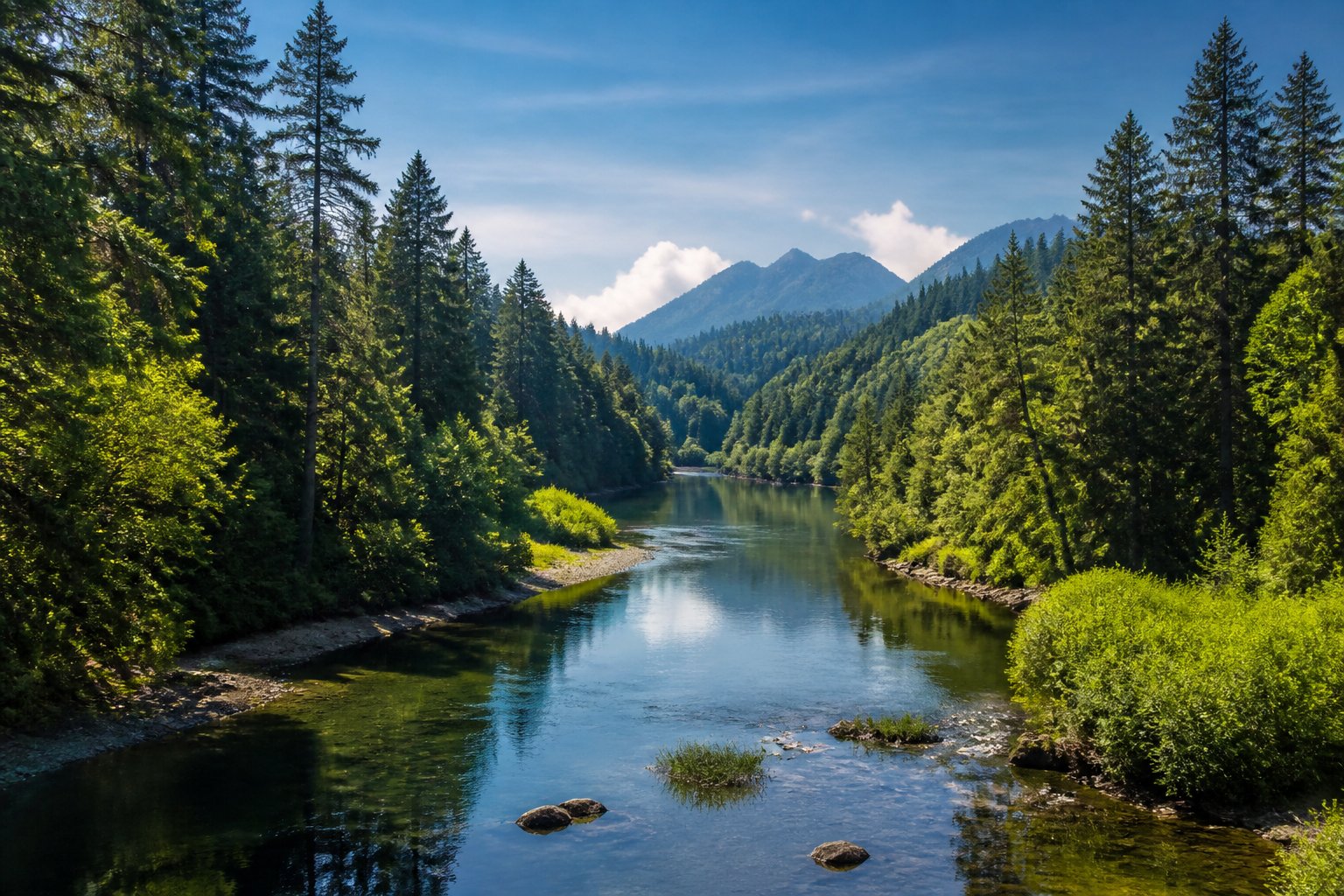 A panoramic view of a dense evergreen forest with a winding river and distant mountains under a clear sky.