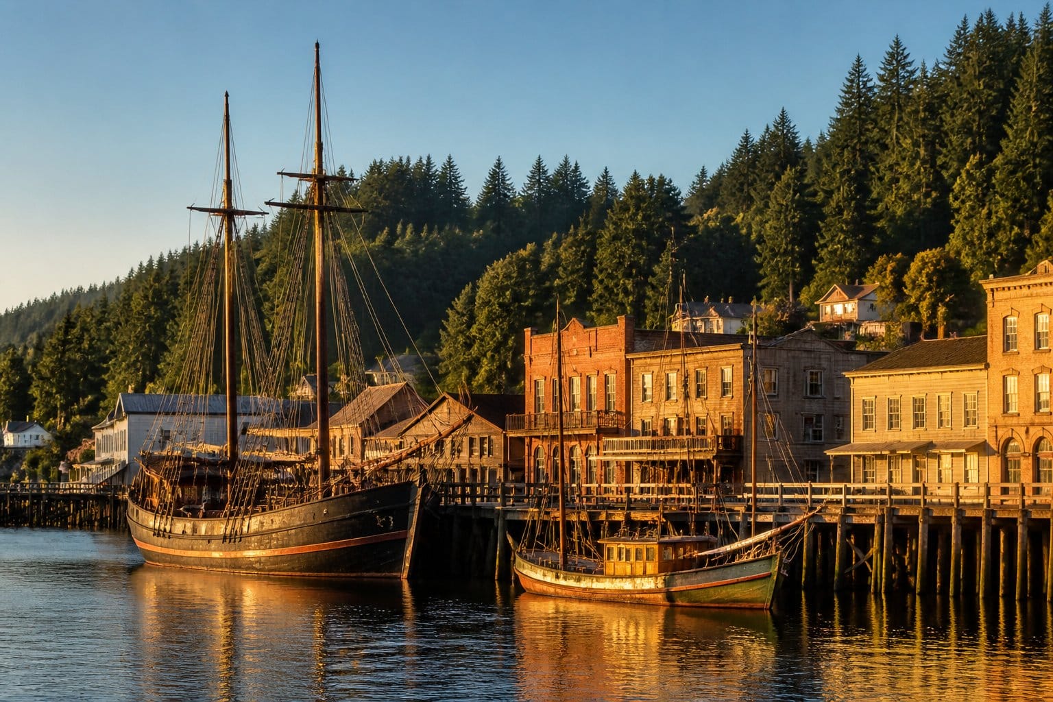 A waterfront scene in Astoria with vintage wooden ships docked and historic 19th-century buildings along the shore under a clear sky.