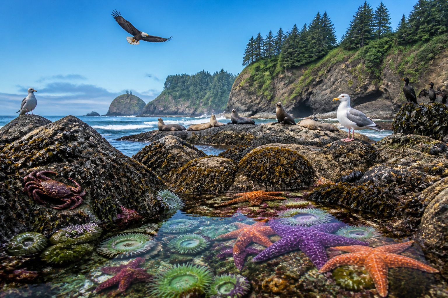Rocky Oregon coast with tide pools, seabirds flying, a bald eagle soaring, and seals resting on the rocks near the ocean.
