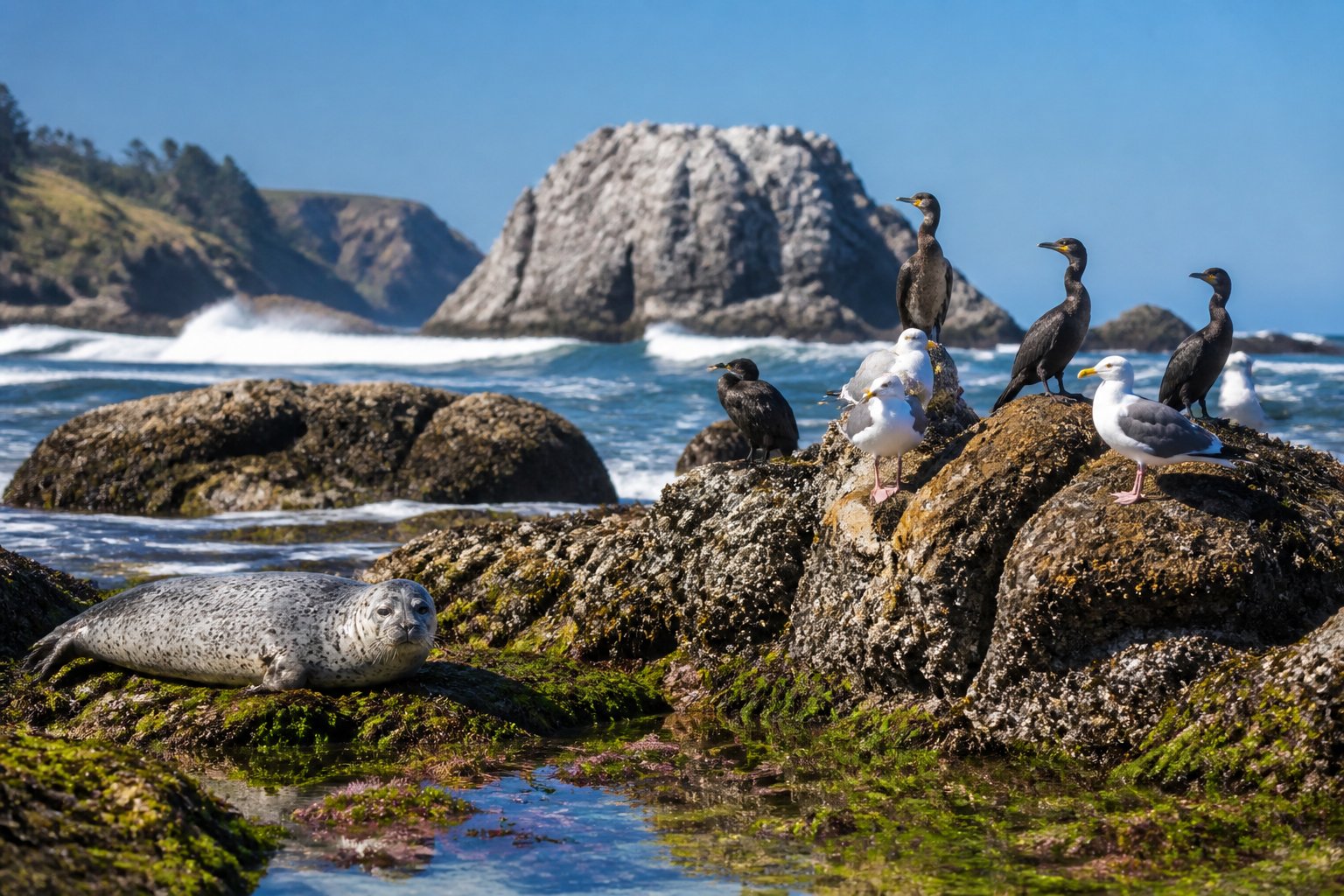 Rocky Oregon coast with sea birds perched on rocks and a harbor seal resting near the shoreline under a clear sky.