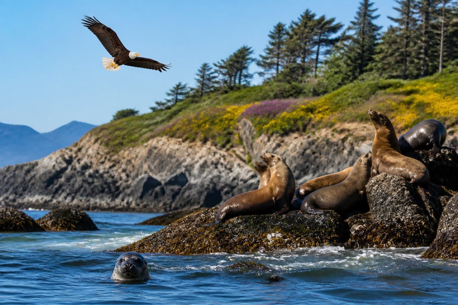 A rocky Oregon coastline with sea lions on the rocks, a bald eagle flying above, and a harbor seal in the water near coastal trees.