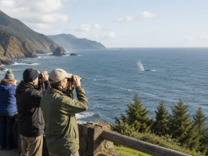 Whale watchers looking through binoculars at a distant whale spout along the Oregon Coast