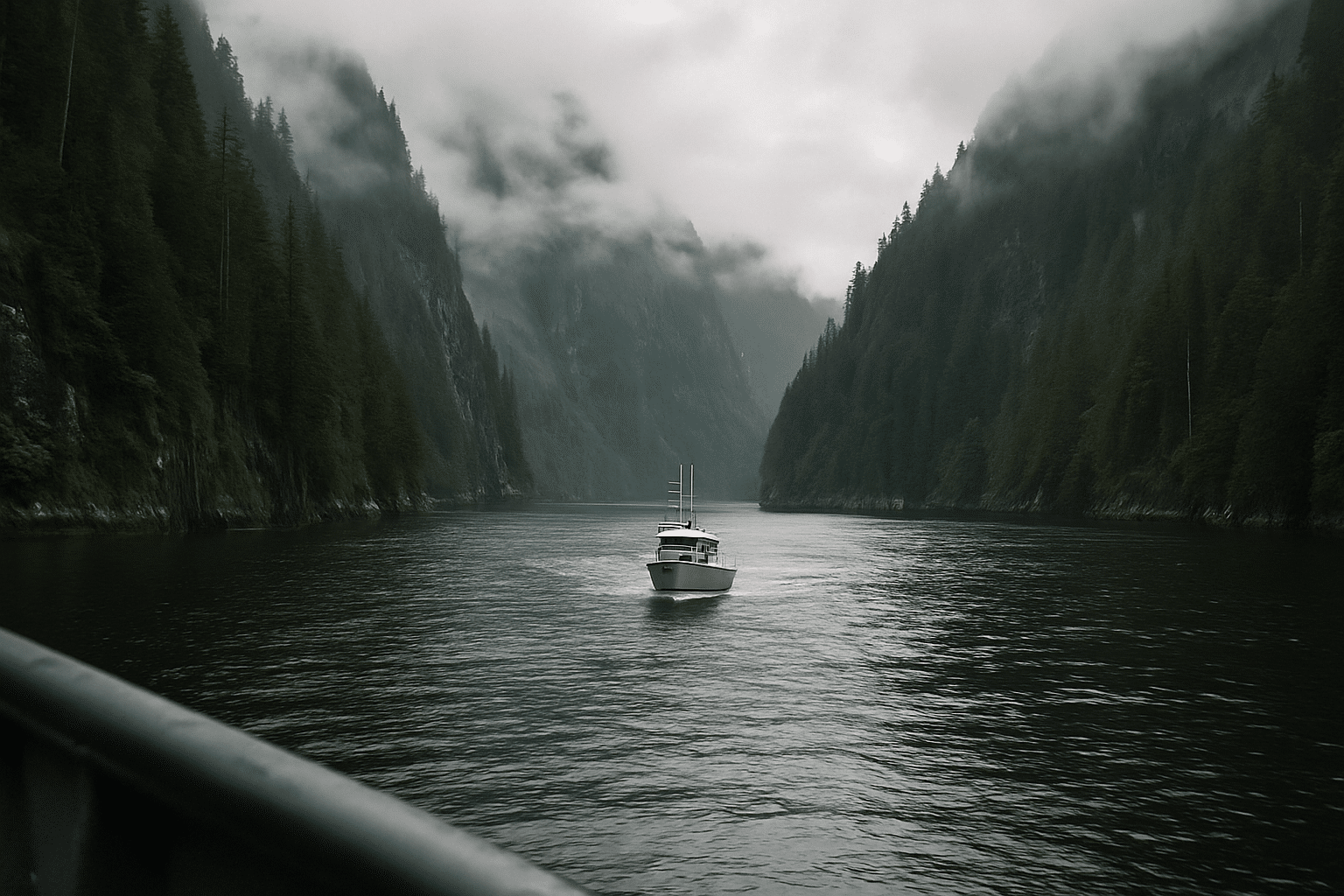 Small boat cruise in misty fjords of Alaska.