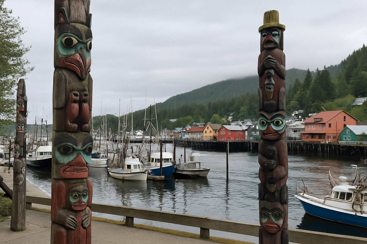 Ketchikan waterfront with totem poles
