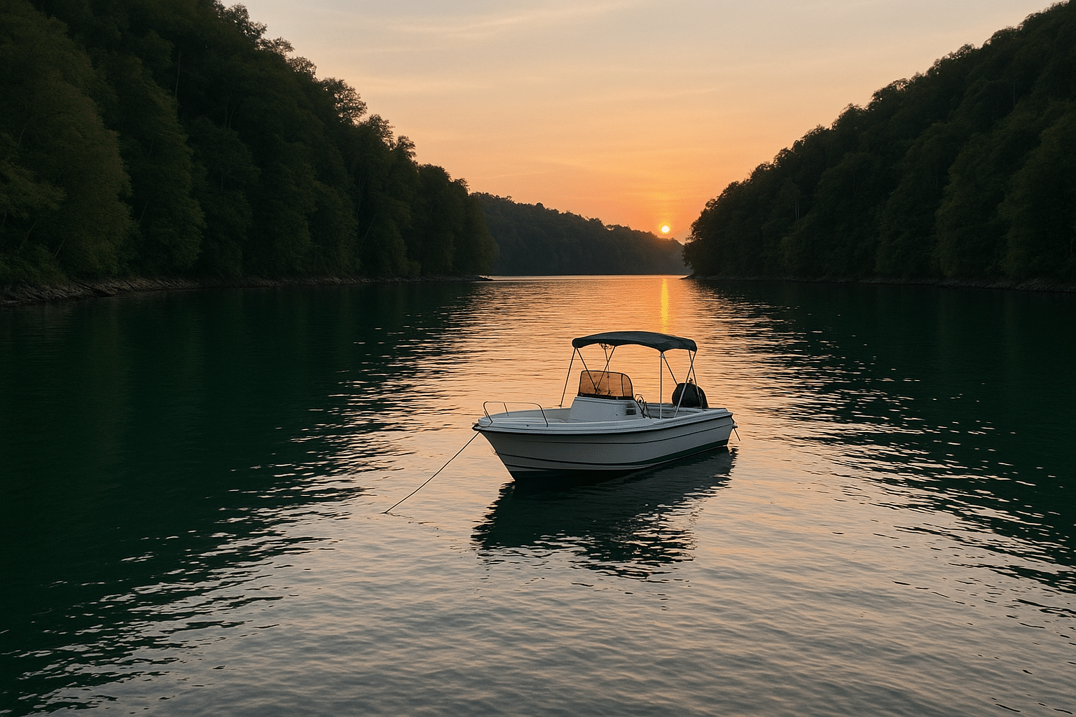 Anchored small boat in secluded bay.