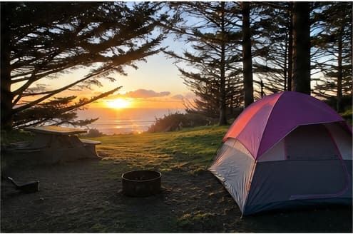 A dome tent and fire ring at a grassy Oregon Coast campsite at sunset, framed by evergreens with the ocean glowing on the horizon