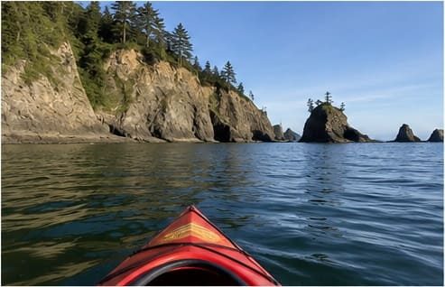 View over the bow of a red kayak paddling toward forested sea stacks and cliffs on a calm sunny day on the Oregon Coast