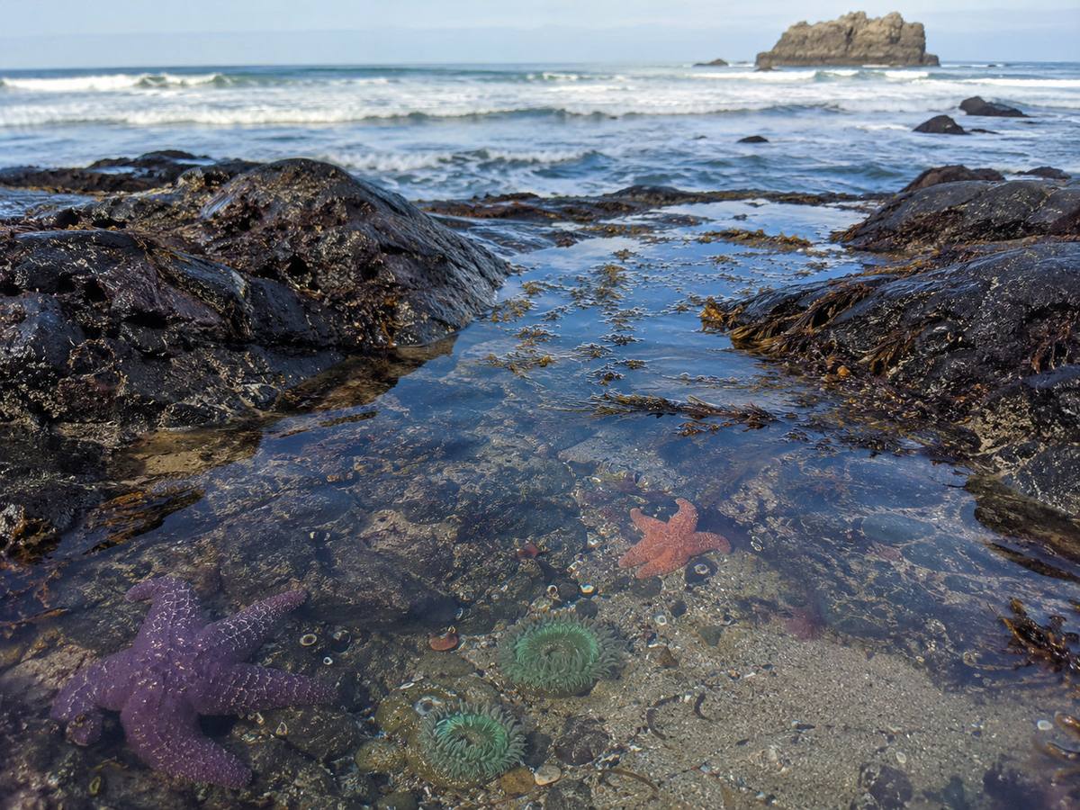Purple and orange sea stars and green anemones in a clear Oregon Coast tide pool at low tide, with waves and a sea stack in the background