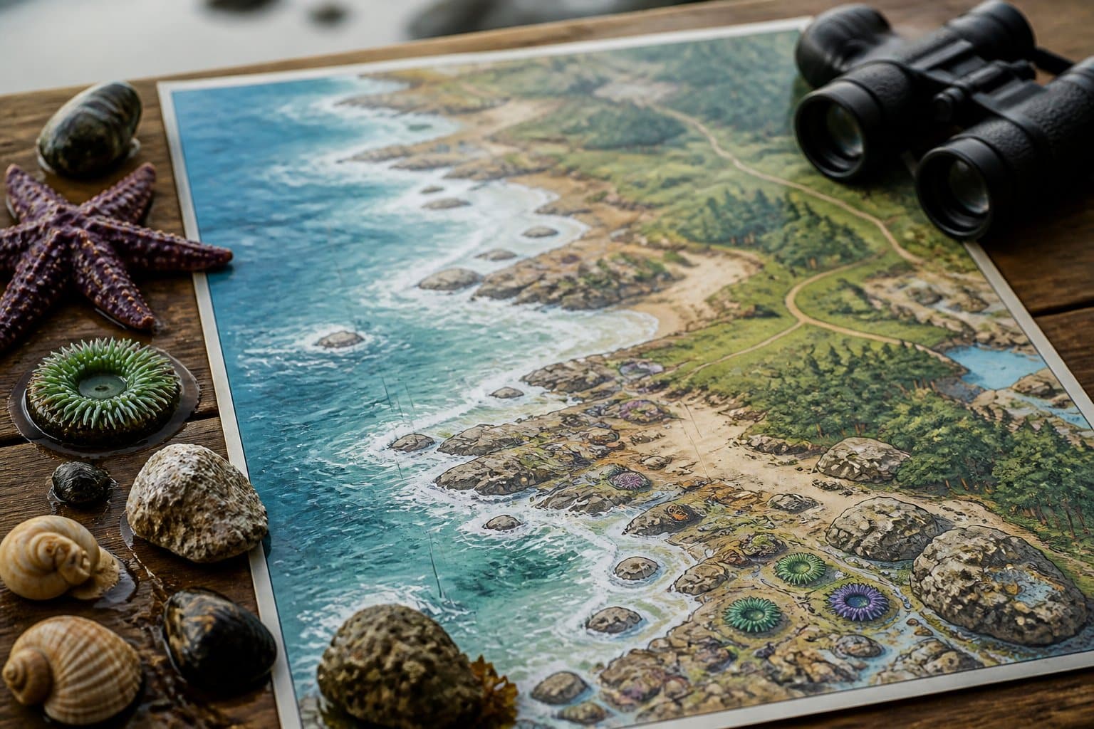 A detailed map of Oregon coast tide pools laid out on a wooden table surrounded by seashells, tide pool creatures, and binoculars.