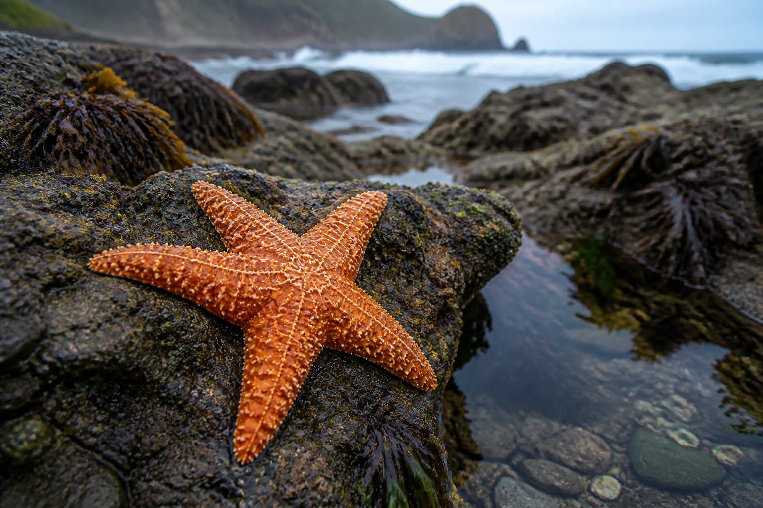 An orange starfish on wet rocks with tide pools along the Oregon coast.