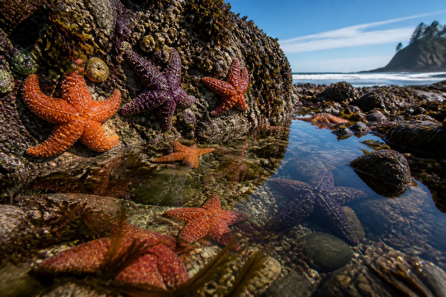Tide pool on the Oregon Coast with colorful sea stars on rocks and gentle ocean waves in the background.