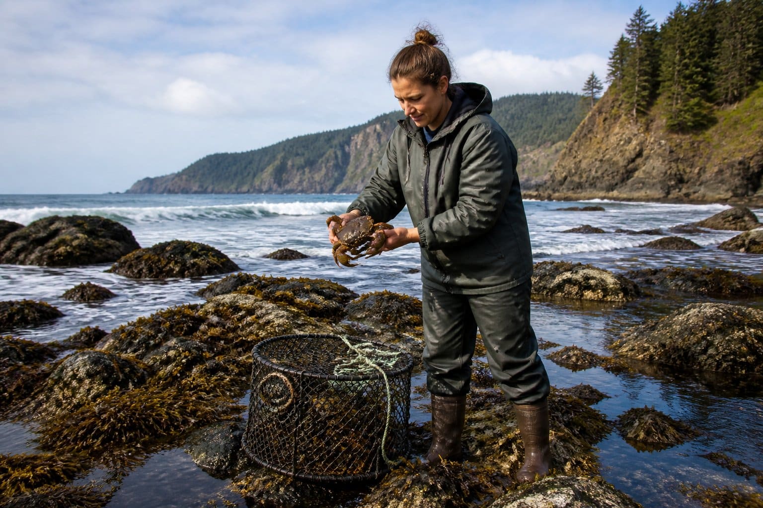 Person crabbing on a rocky shoreline with waves and cliffs in the background on the Oregon coast.