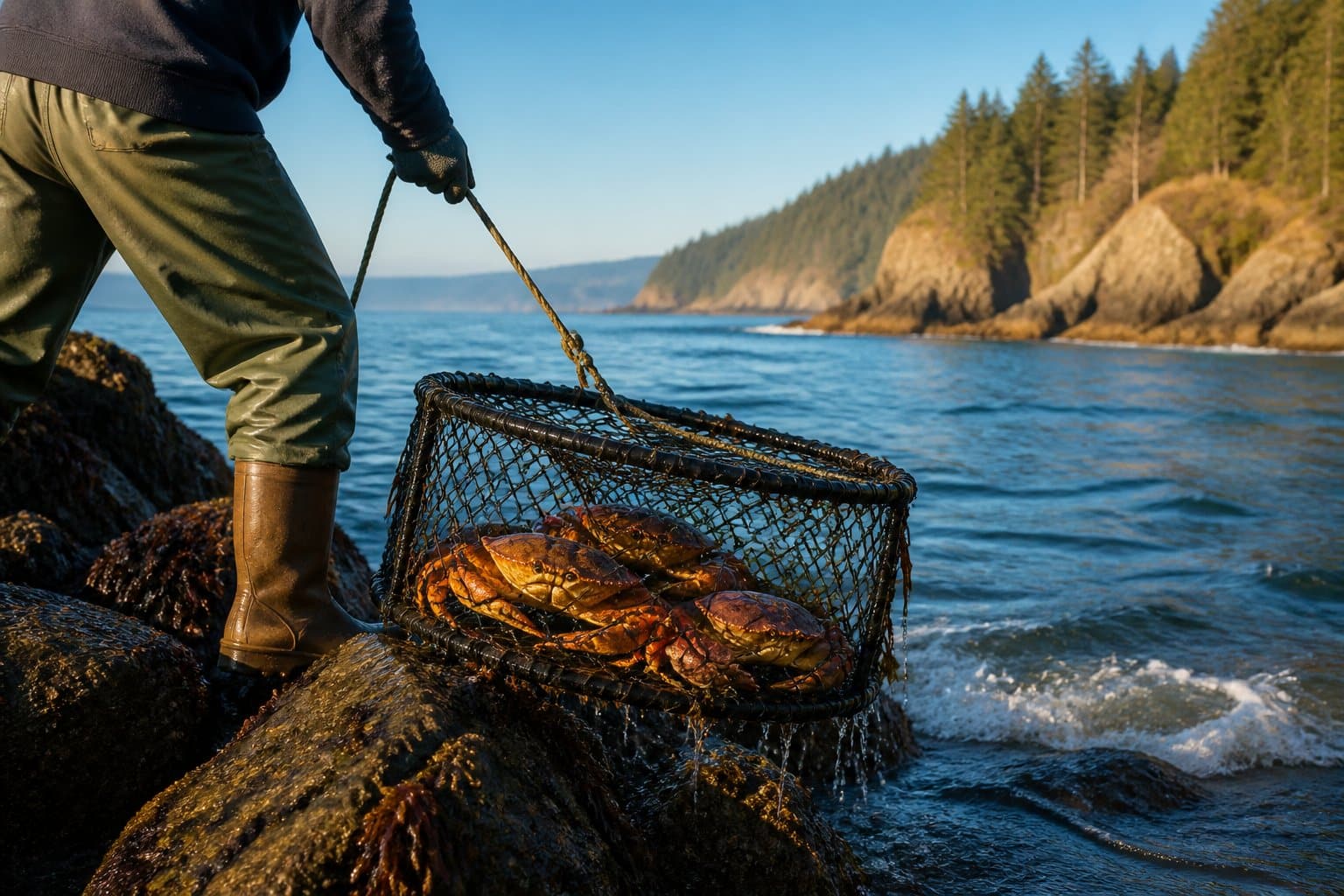 A person pulling a crab trap from the rocky shoreline of the Oregon coast with crabs inside and the ocean in the background.