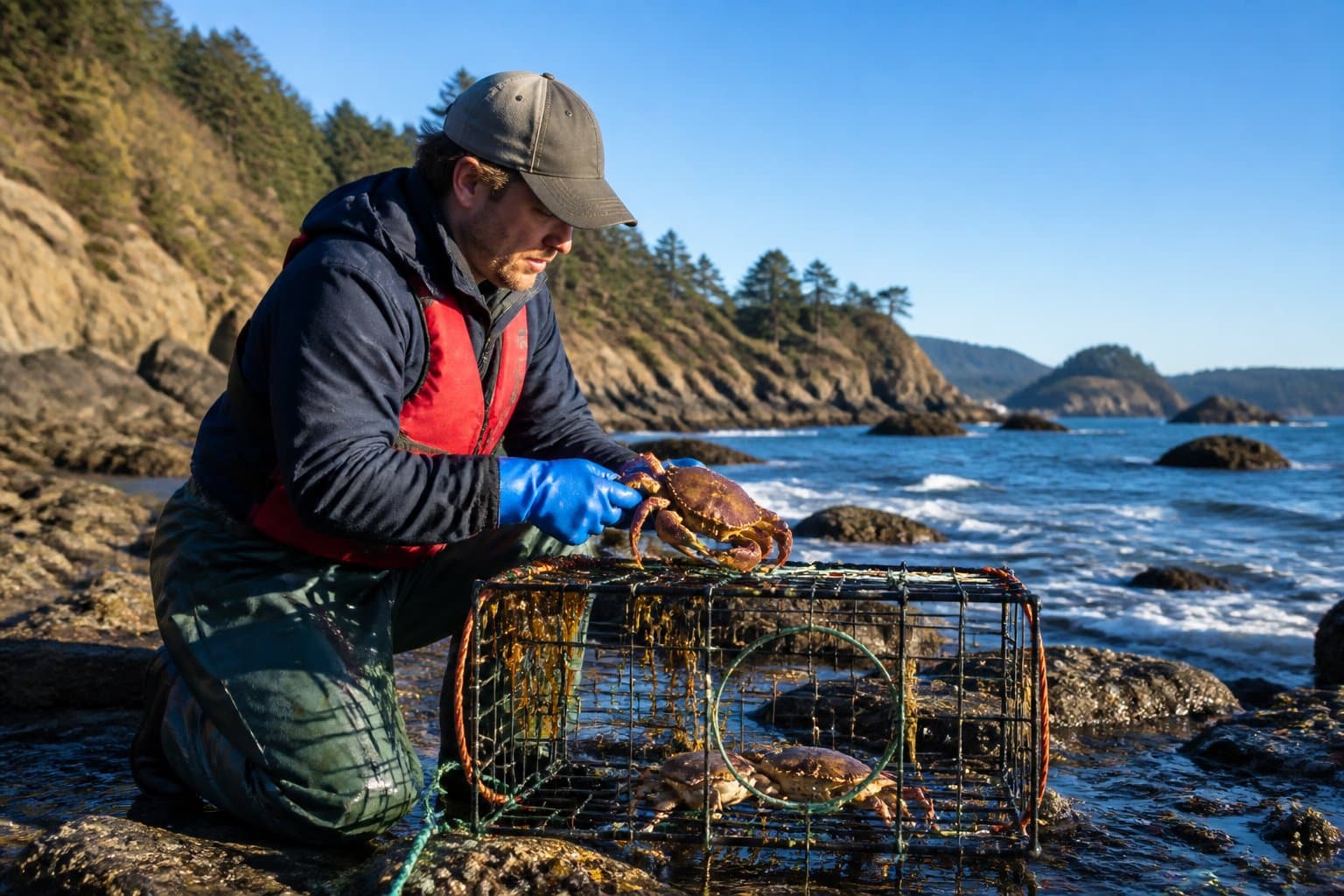 Person handling crab traps on a rocky Oregon coast shoreline with ocean waves and cliffs in the background.